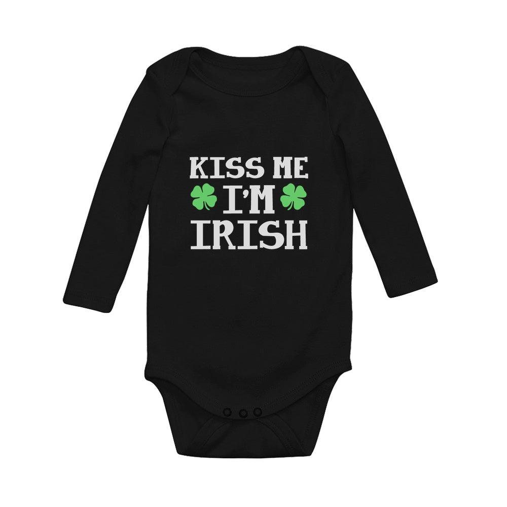 Kiss Me I'm Irish Cute First St Patrick's Day Baby Long Sleeve Bodysuit - Black 2