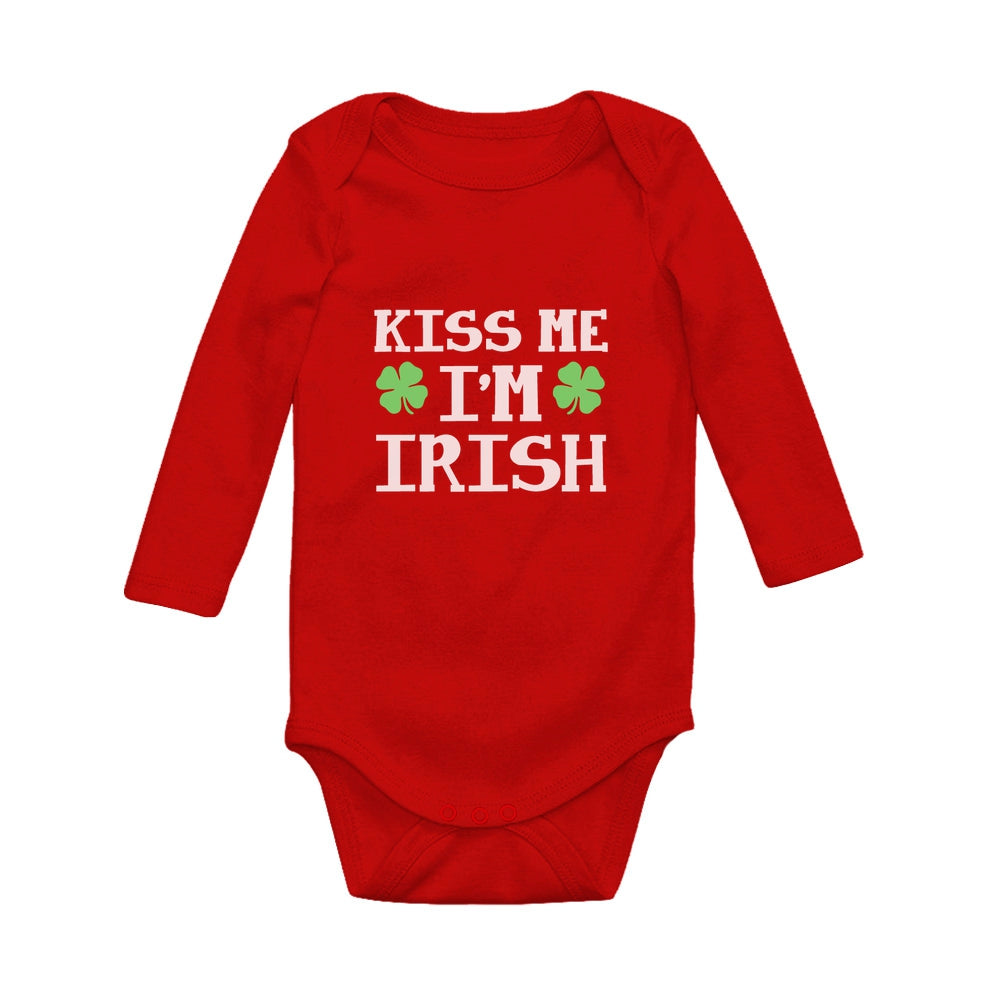 Kiss Me I'm Irish Cute First St Patrick's Day Baby Long Sleeve Bodysuit - Red 3