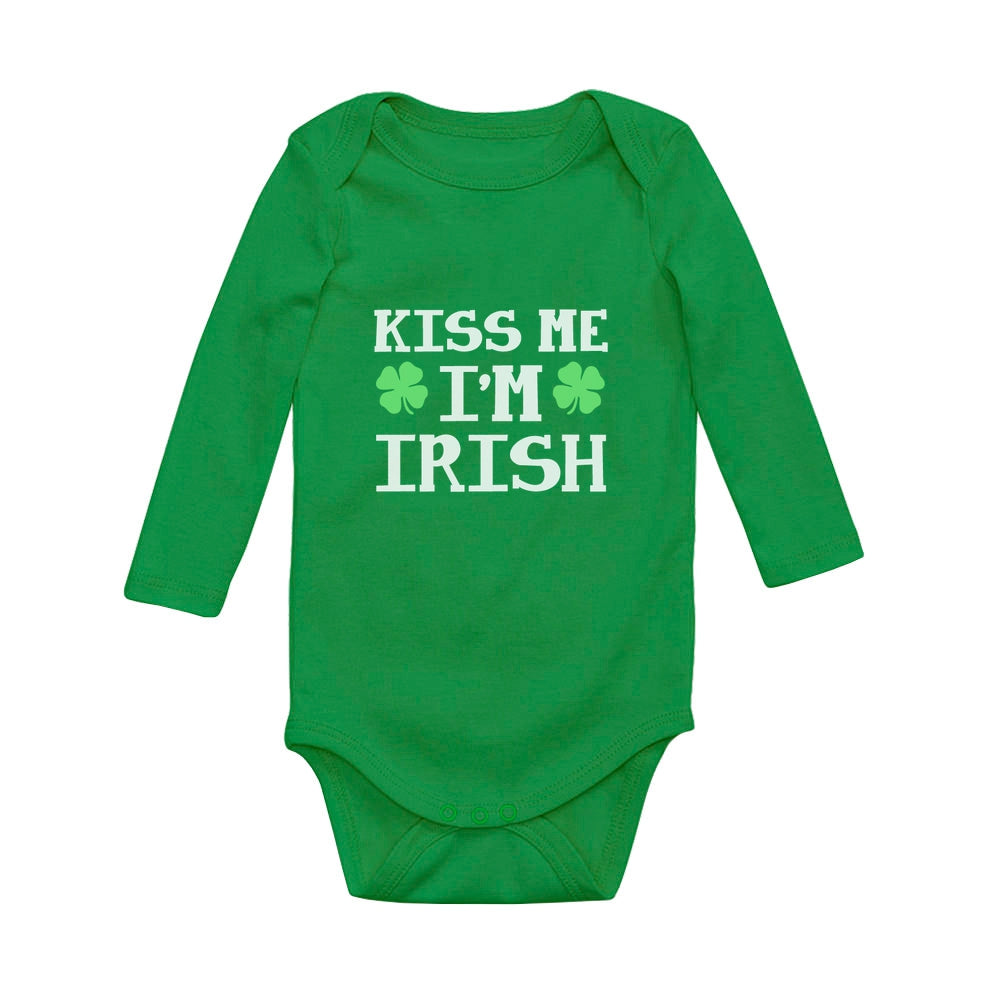 Kiss Me I'm Irish Cute First St Patrick's Day Baby Long Sleeve Bodysuit - Green 1