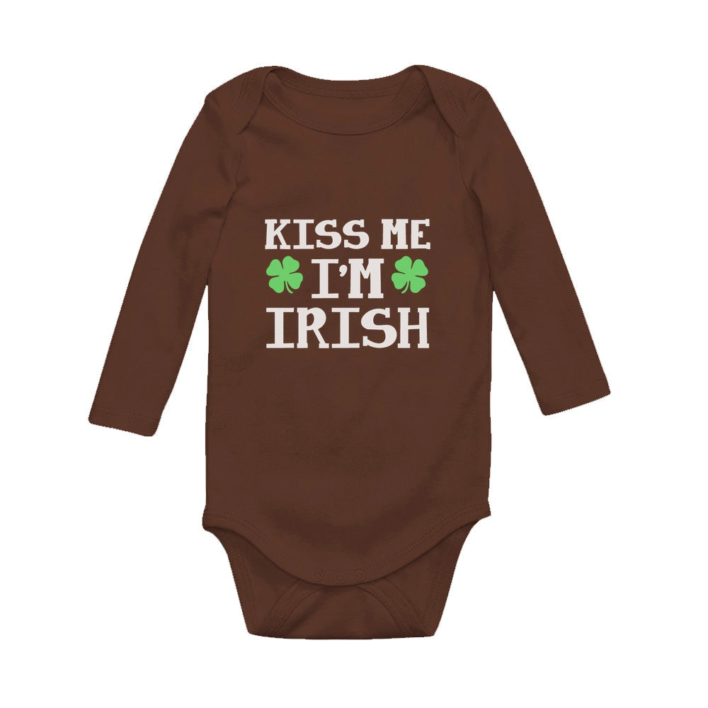 Kiss Me I'm Irish Cute First St Patrick's Day Baby Long Sleeve Bodysuit - Brown 4