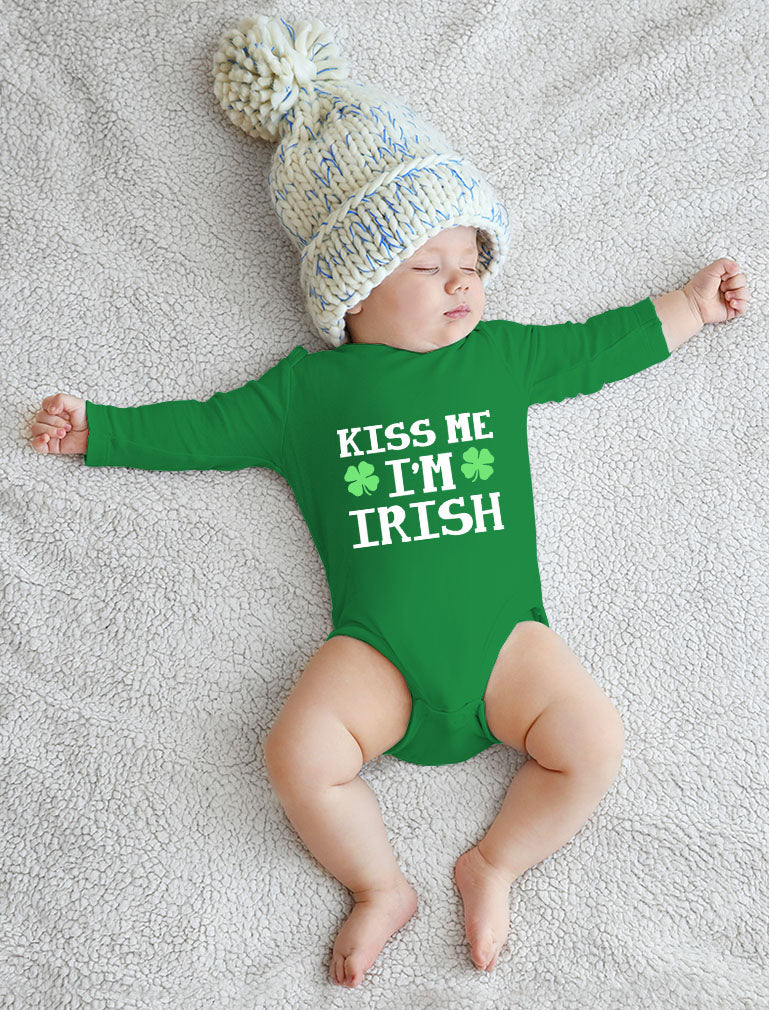 Kiss Me I'm Irish Cute First St Patrick's Day Baby Long Sleeve Bodysuit - Brown 6