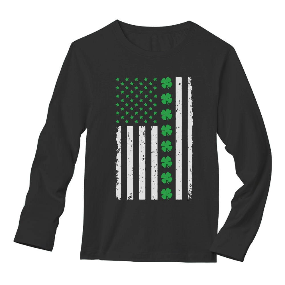 Irish Clover American Flag Long Sleeve T-Shirt - Black 1