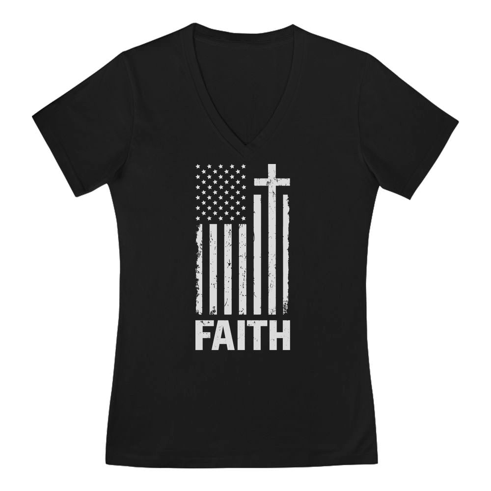Distressed White USA Flag V-Neck Fitted Women T-Shirt - Black 2