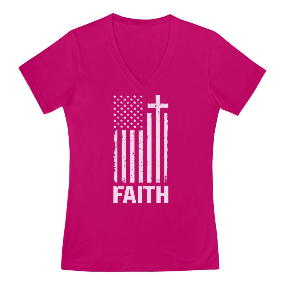 Distressed White USA Flag V-Neck Fitted Women T-Shirt - Pink 4