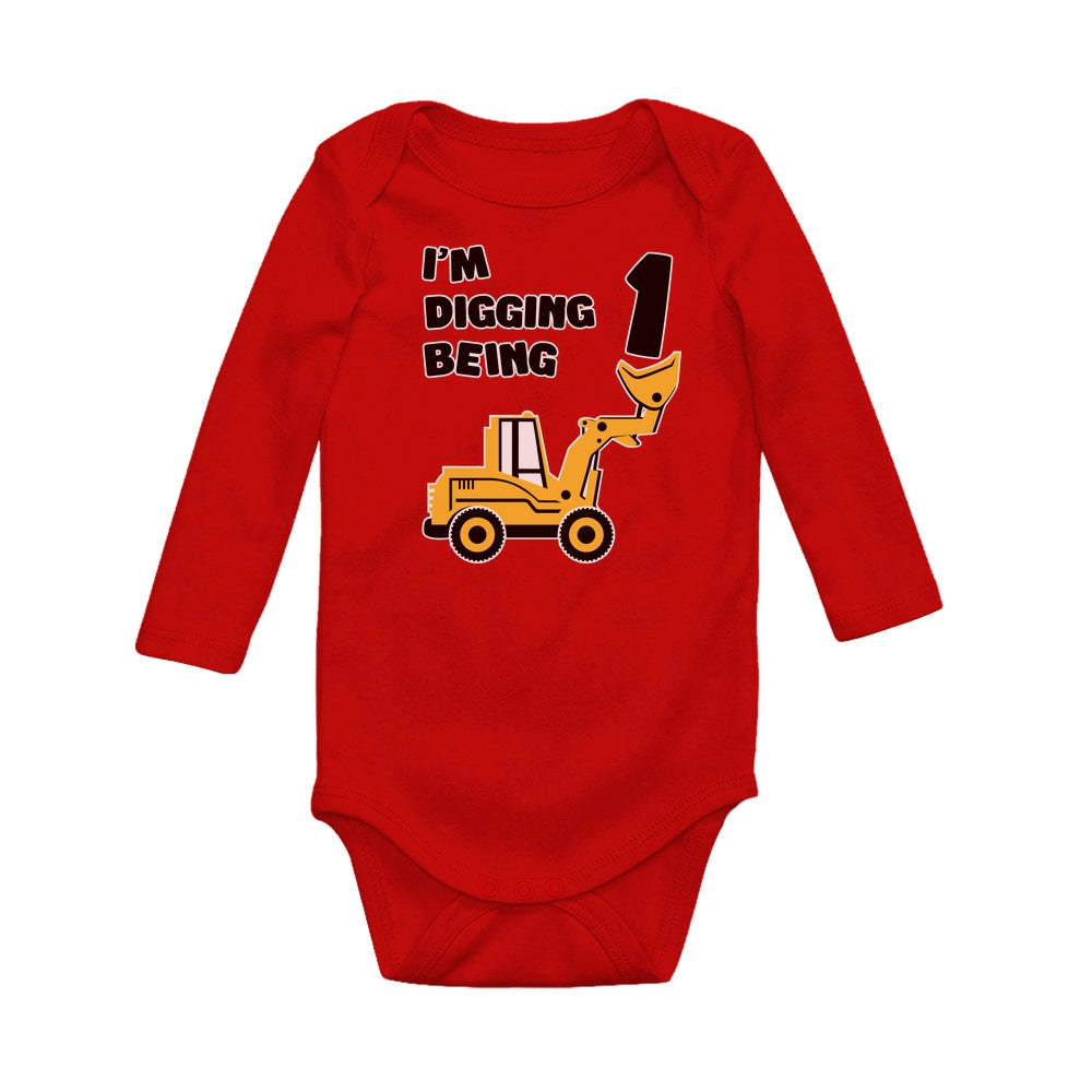 Digging being 1 - 1st Birthday Baby Long Sleeve Bodysuit - Red 3