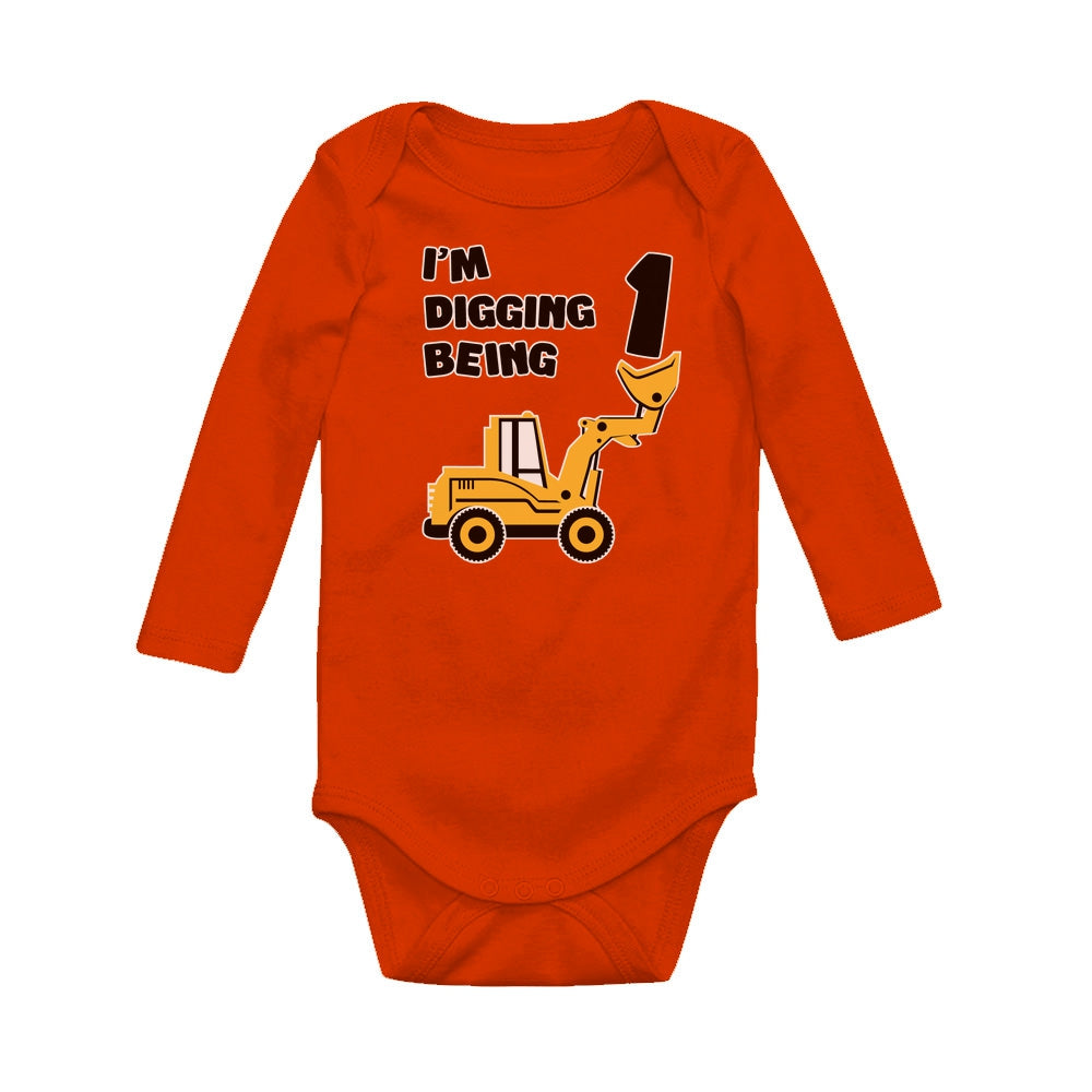 Digging being 1 - 1st Birthday Baby Long Sleeve Bodysuit - Orange 4