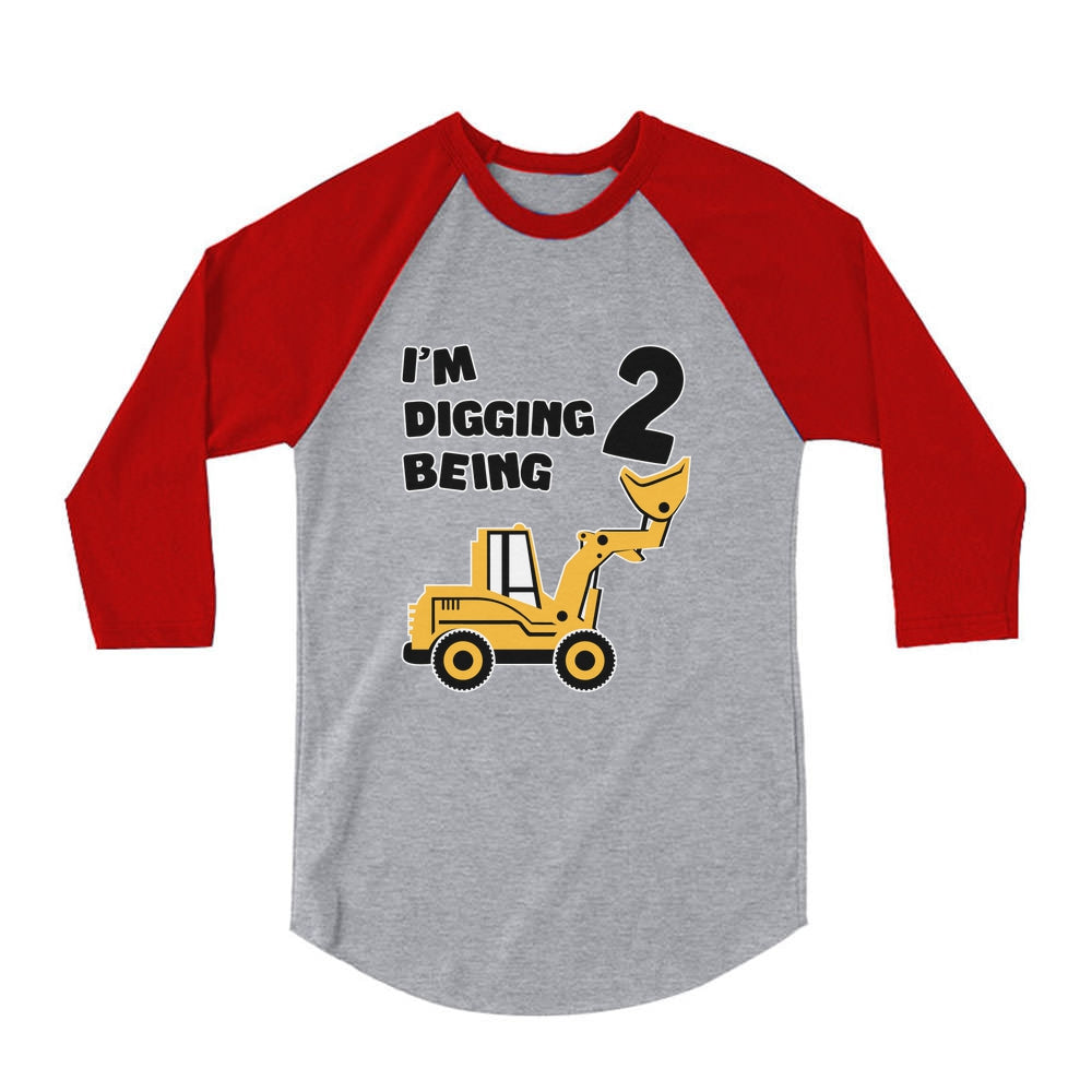 Digging Being 2 Two Years Old Birthday 3/4 Sleeve Baseball Jersey Toddler Shirt 