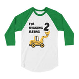 Thumbnail Digging Being 2 - Two Years Old Birthday Toddler Raglan 3/4 Sleeve Baseball Tee green/white 2