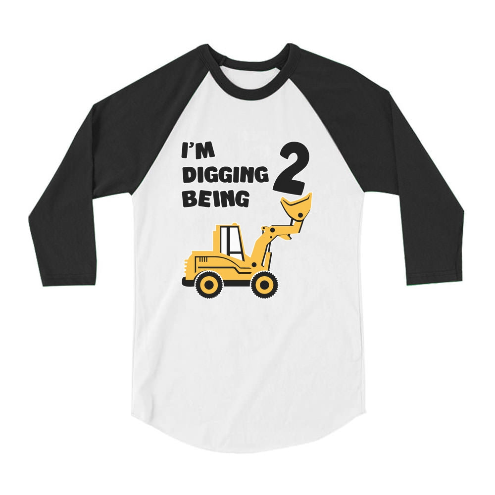 Digging Being 2 - Two Years Old Birthday Toddler Raglan 3/4 Sleeve Baseball Tee - black/white 1