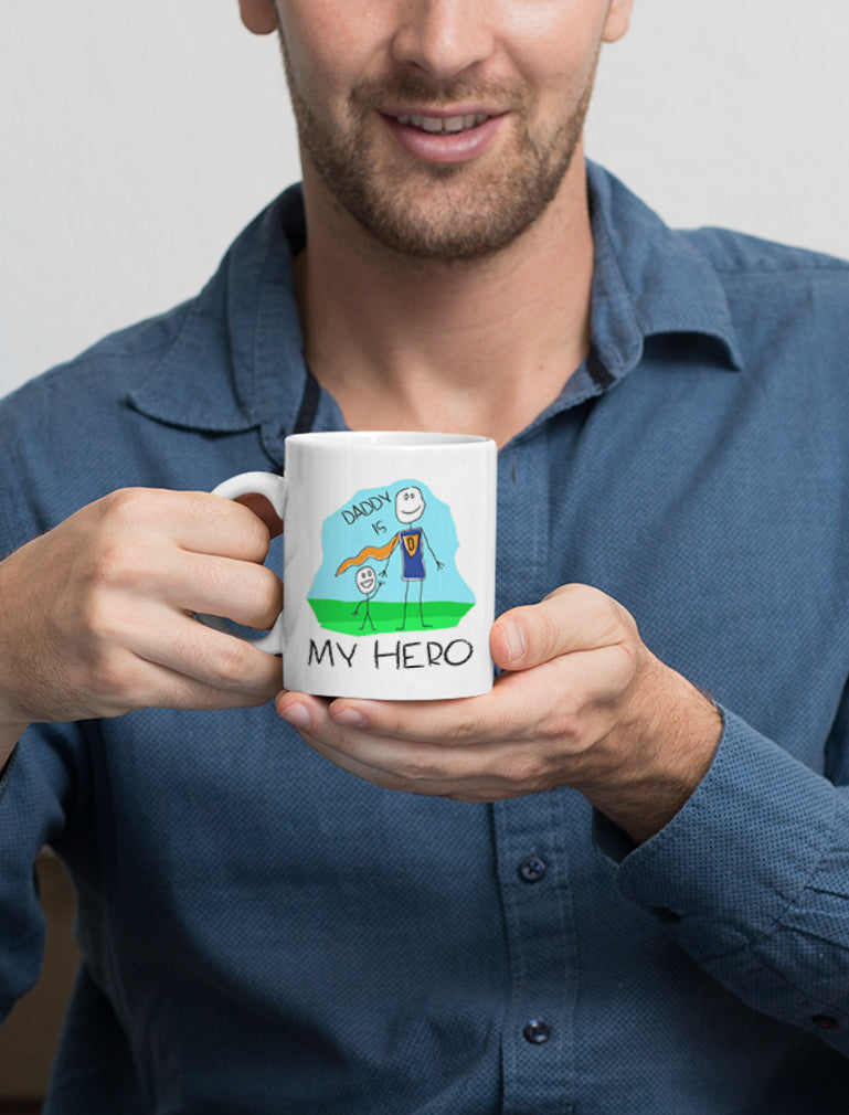 Daddy Is My Hero Kids Drawing - Super Dad Coffee Mug Father's Day Gift from Son, Daughter or Wife, Unique Present for Dad's Birthday Tea Cup Ceramic Mug -  2