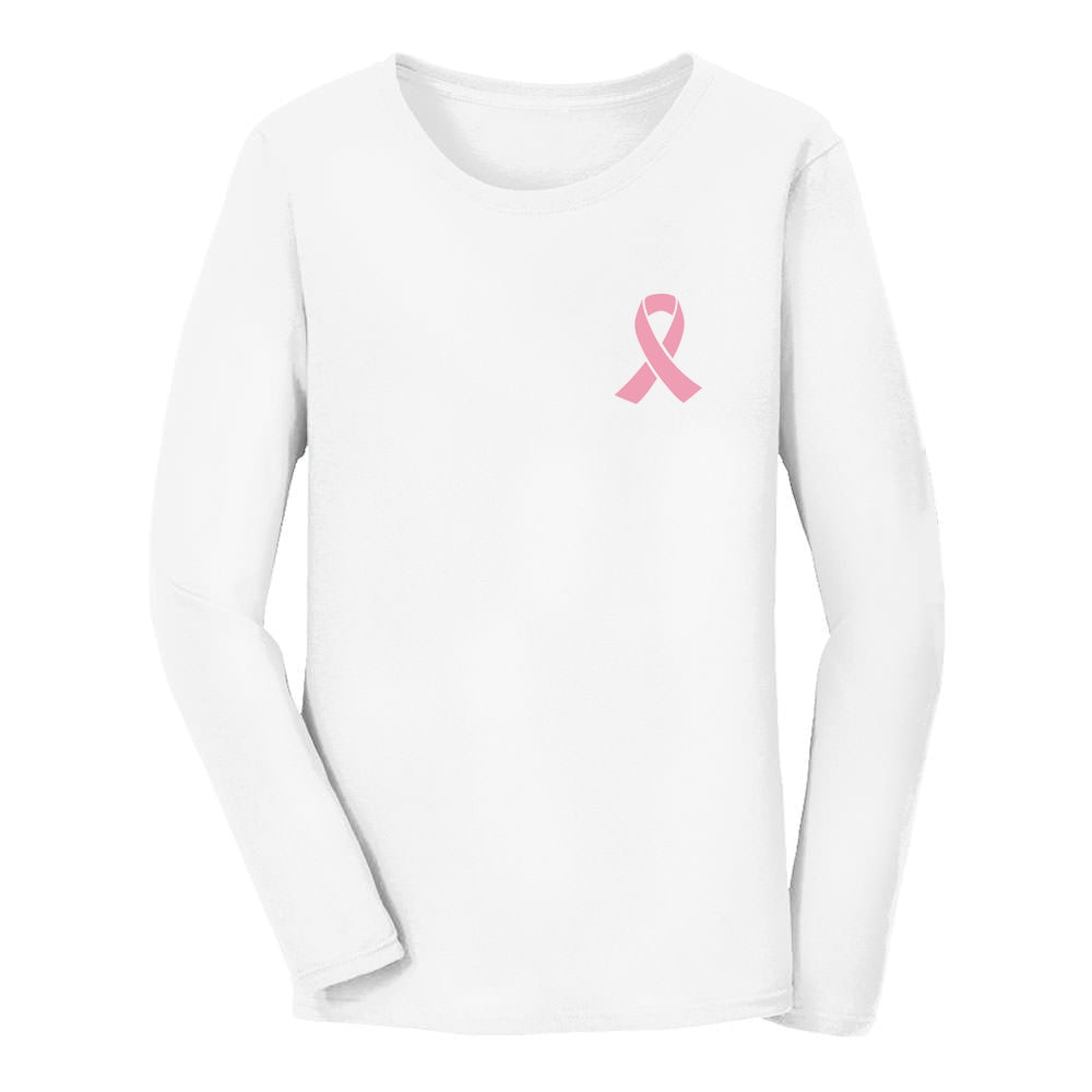 Breast Cancer Awareness  Pocket Size Pink Ribbon Women Long Sleeve T-Shirt - White 2
