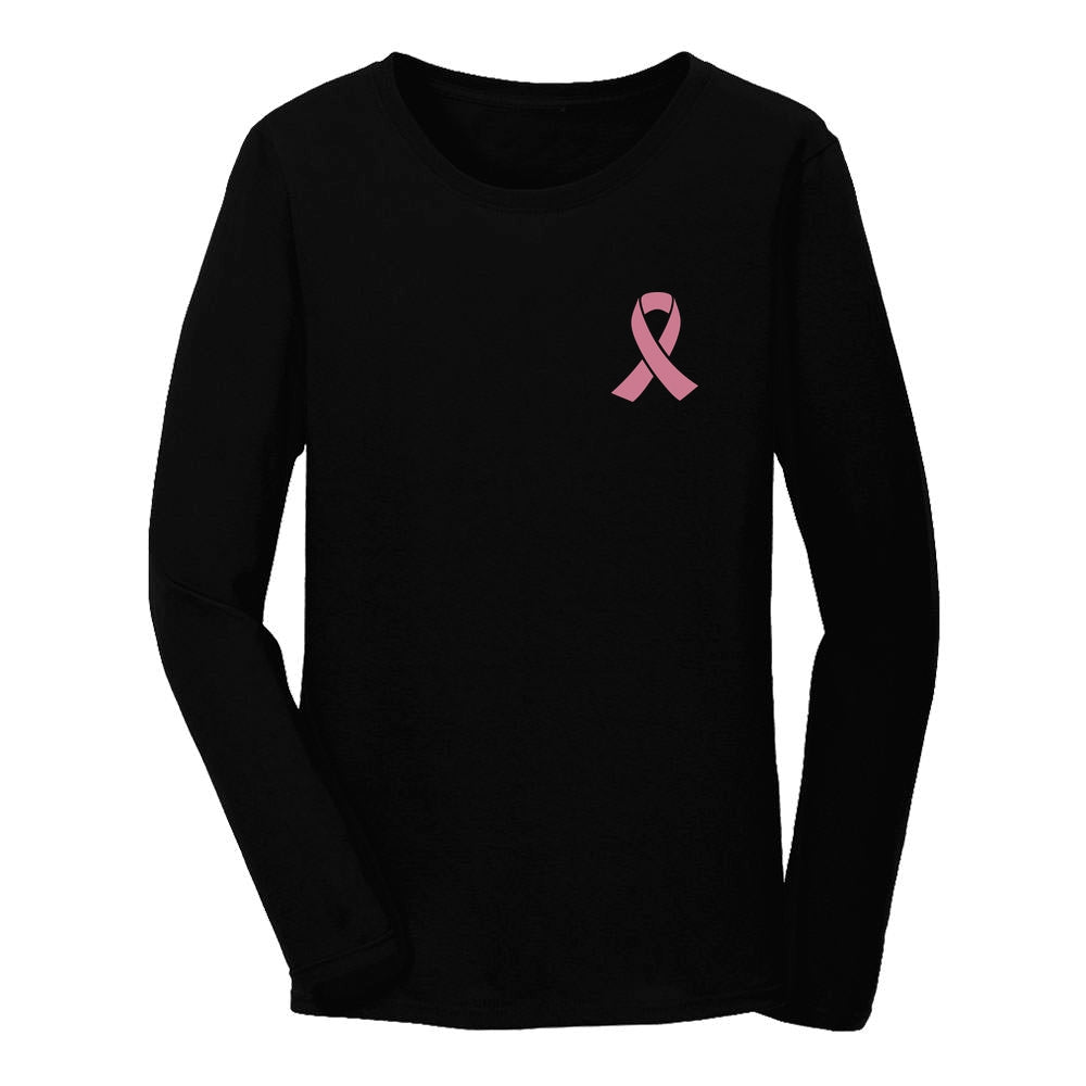 Breast Cancer Awareness  Pocket Size Pink Ribbon Women Long Sleeve T-Shirt - Black 1