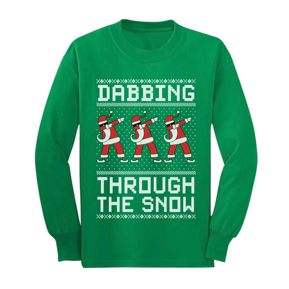 Dabbing Through The Snow Santa Christmas Youth Kids Long Sleeve T-Shirt - Green 1