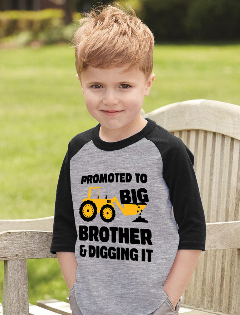 Promoted to Big Brother Digging It Gift 3/4 Sleeve Baseball Jersey Toddler Shirt - Dark Gray 2