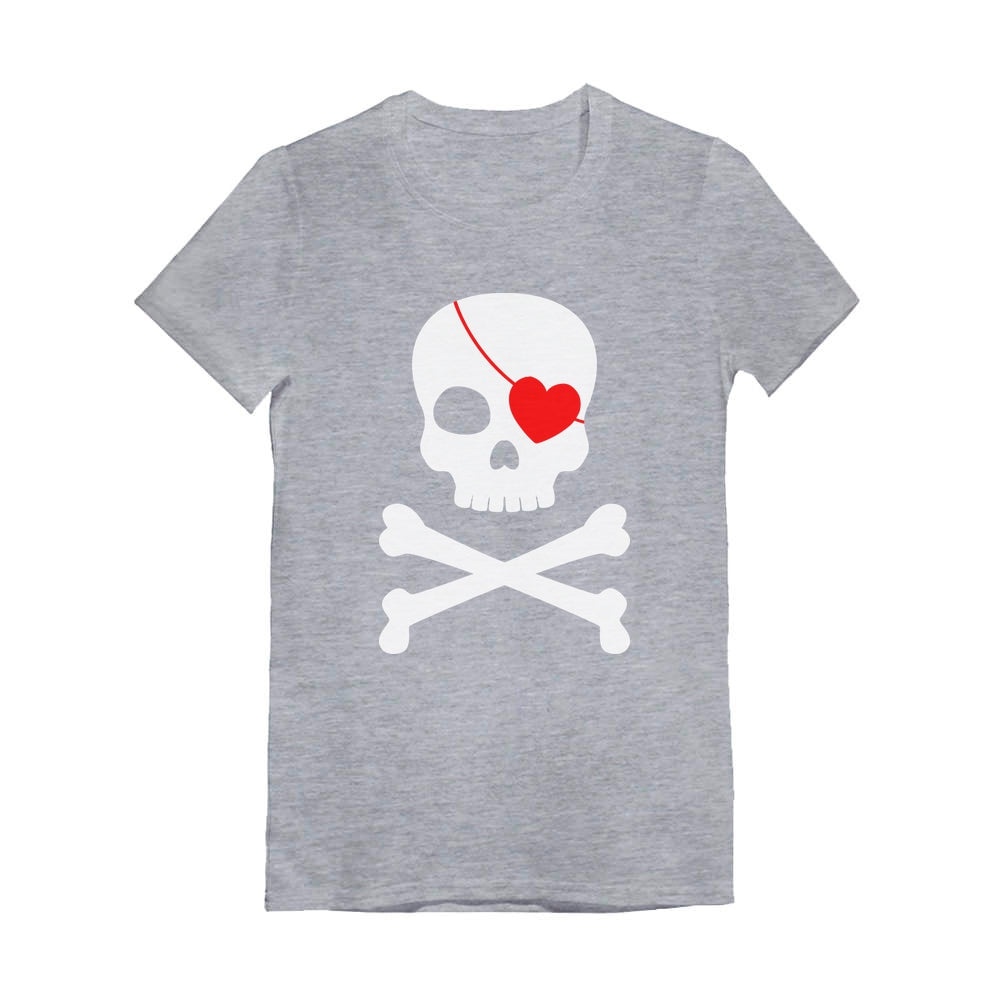 Pirate Skull & Heart Cute Valentine's Day Youth Kids Girls' Fitted T-Shirt - Gray 4