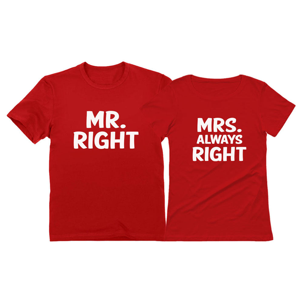 Mr Right and Mrs Always Right Husband & Wife Funny Matching Couple T-Shirt Set - MR Red / Mrs Red 2