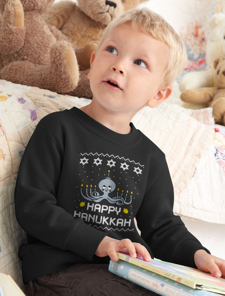 Happy Hanukkah Octopus Toddler Kids Sweatshirt - Black 3