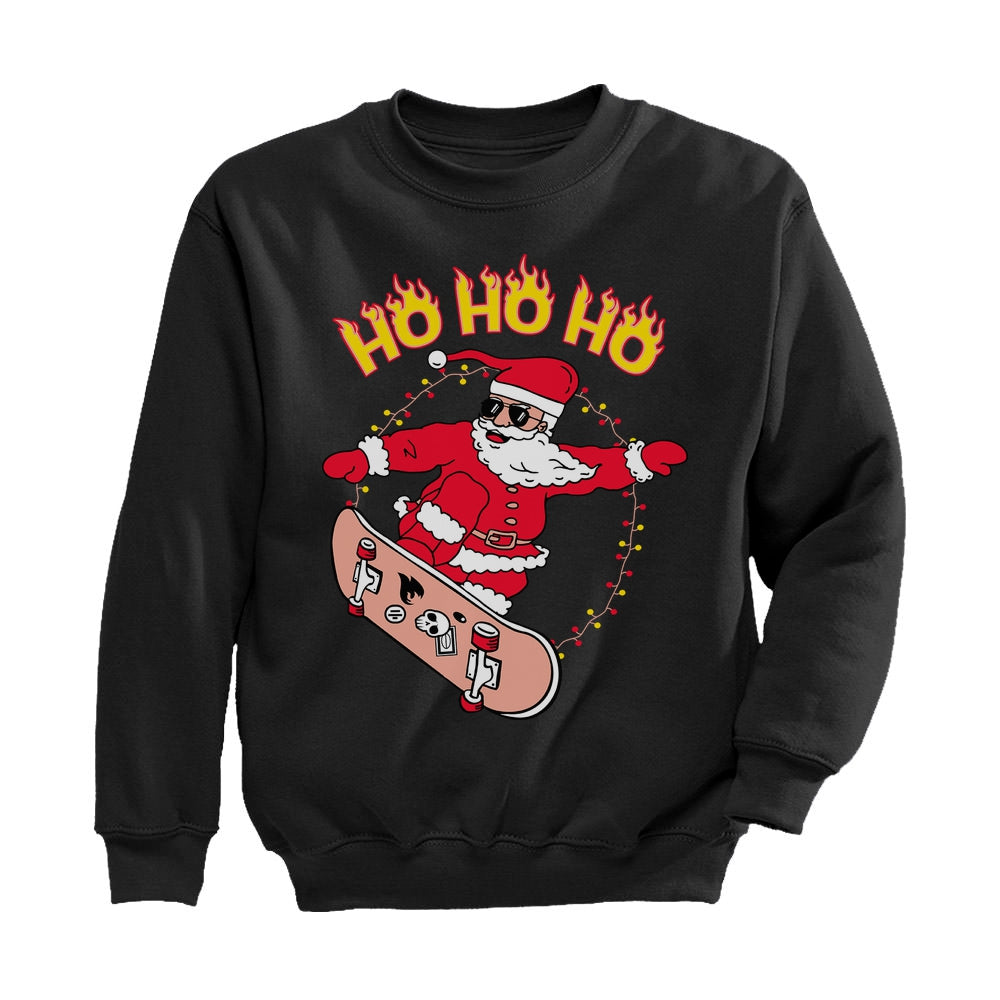 Skateboarding Santa Ho Ho Ho Ugly Christmas Youth Kids Sweatshirt - Black 1
