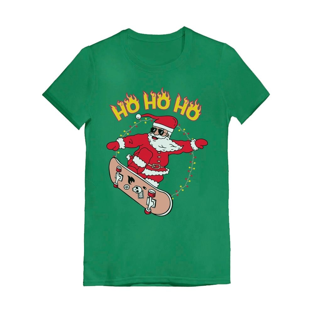 Skateboarding Santa Ho Ho Ho Ugly Christmas Youth Kids Girls' Fitted T-Shirt - Green 2