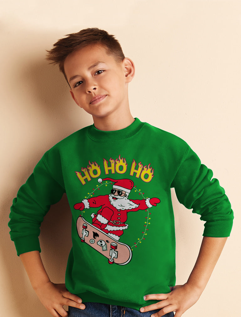 Skateboarding Santa Ho Ho Ho Ugly Christmas Youth Kids Sweatshirt - Gray 4