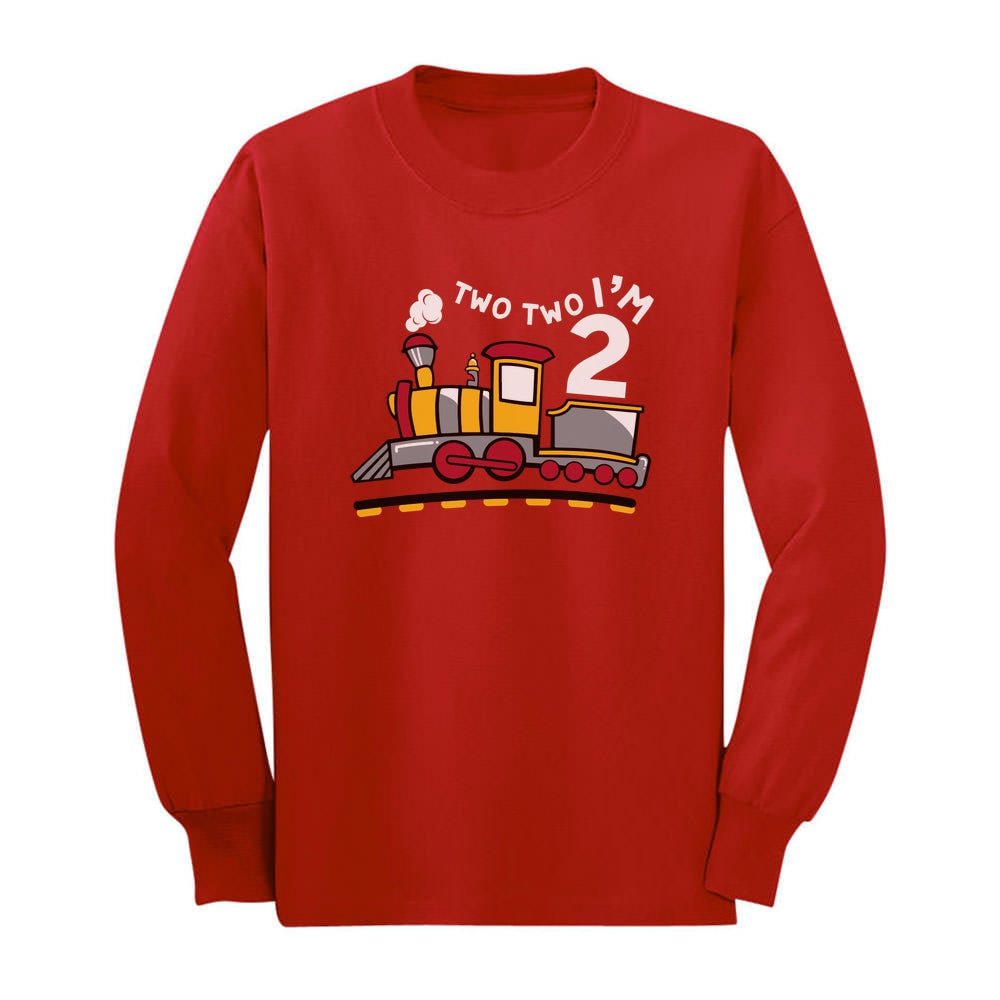 2 Year Old Boy 2nd Birthday Outfit Two Train Toddler Kids Long sleeve T-Shirt - Red 2