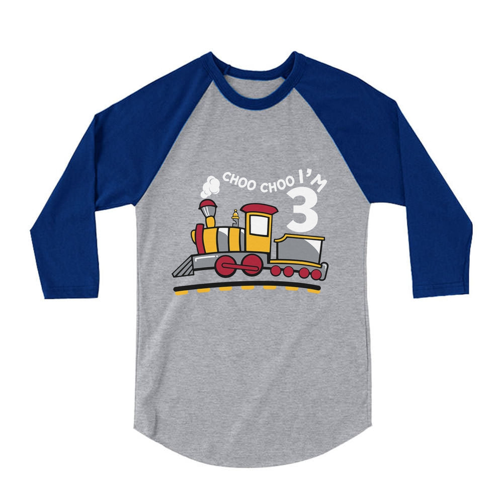 3rd Birthday 3 Year Old Boy Choo Train 3/4 Sleeve Baseball Jersey Toddler Shirt - Blue 2