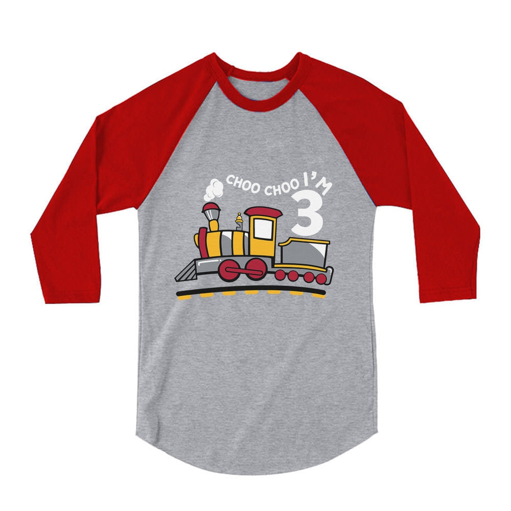 3rd Birthday 3 Year Old Boy Choo Train 3/4 Sleeve Baseball Jersey Toddler Shirt - Red 3