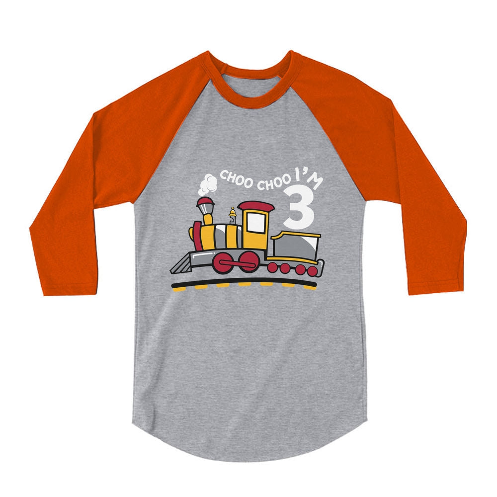 3rd Birthday 3 Year Old Boy Choo Train 3/4 Sleeve Baseball Jersey Toddler Shirt - Orange 4