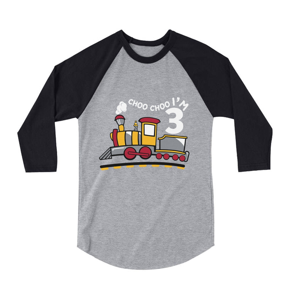 3rd Birthday 3 Year Old Boy Choo Train 3/4 Sleeve Baseball Jersey Toddler Shirt - Dark Gray 1