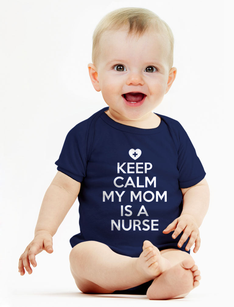 Keep Calm My Mom Is A Nurse Baby Bodysuit - Navy 5