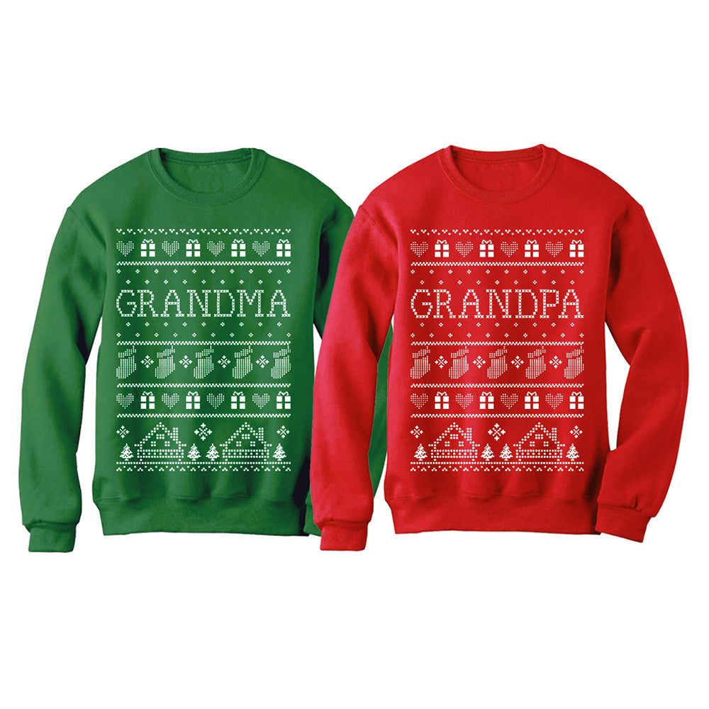 Grandma & Grandpa Matching Ugly Christmas Sweatshirts Set Grandparents Xmas Gift - Grandma Green / Grandpa Red 9