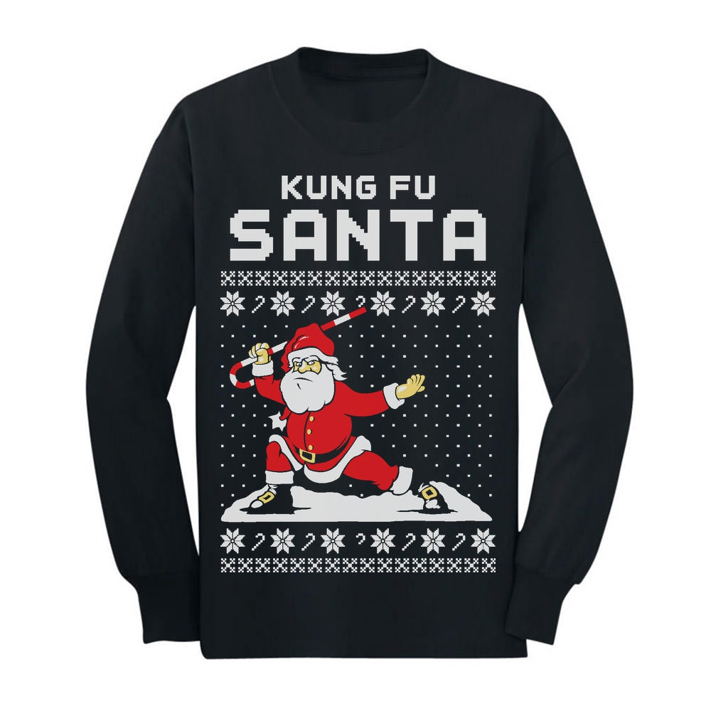 Kung Fu Santa Ugly Christmas Sweater Youth Kids Long Sleeve T-Shirt - Black 2