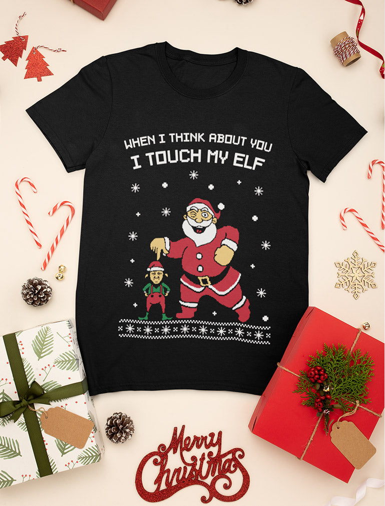 I Touch My Elf Ugly Christmas Sweater T-Shirt - Navy 7