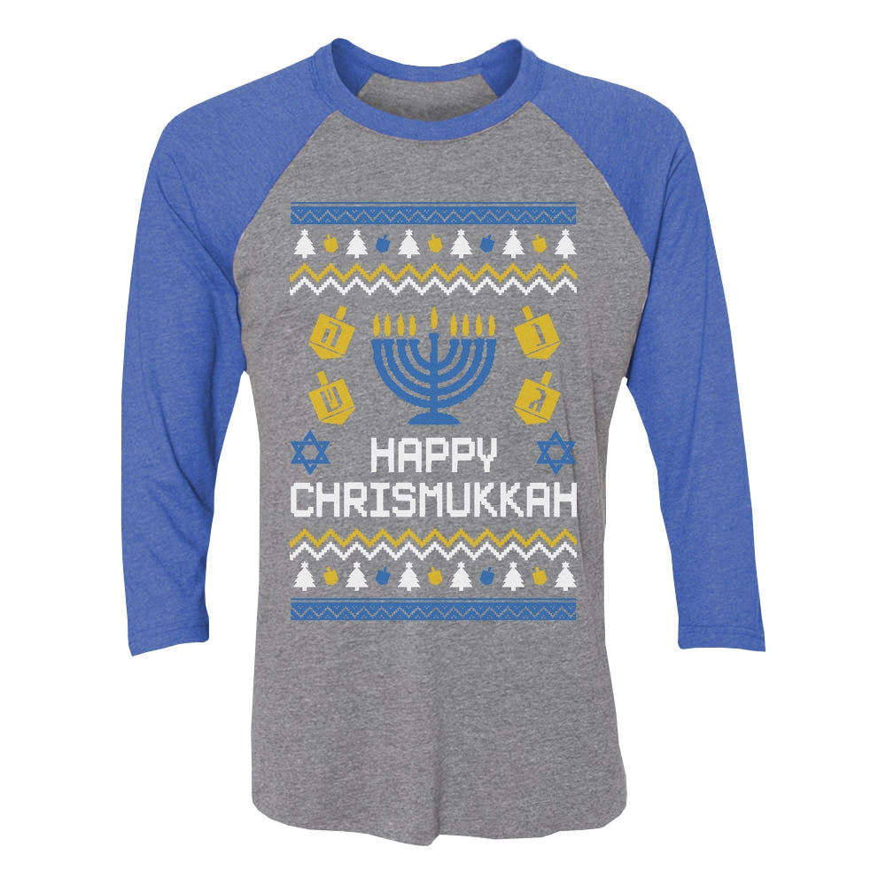 Happy Chrismukkah Hanukkah 3/4 Women Sleeve Baseball Jersey Shirt - blue/gray 1