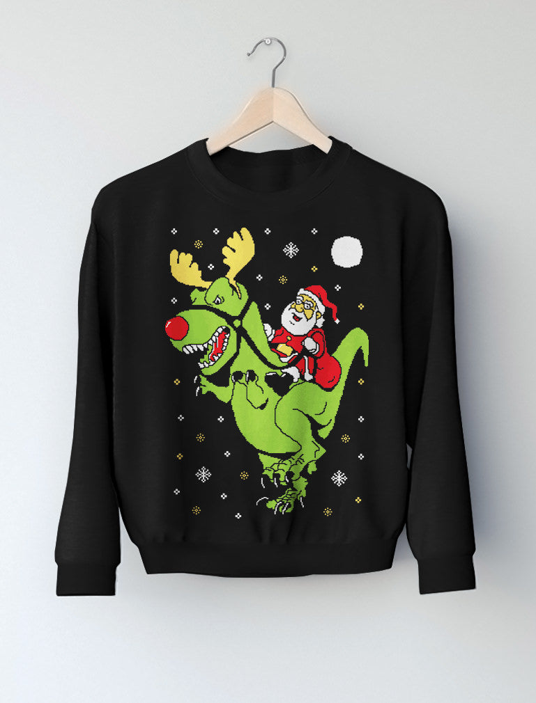 T-Rex Santa Ride Ugly Christmas Women Sweatshirt - Black 4