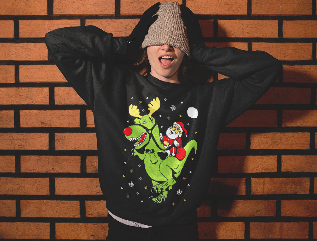 T-Rex Santa Ride Ugly Christmas Women Sweatshirt - Black 3
