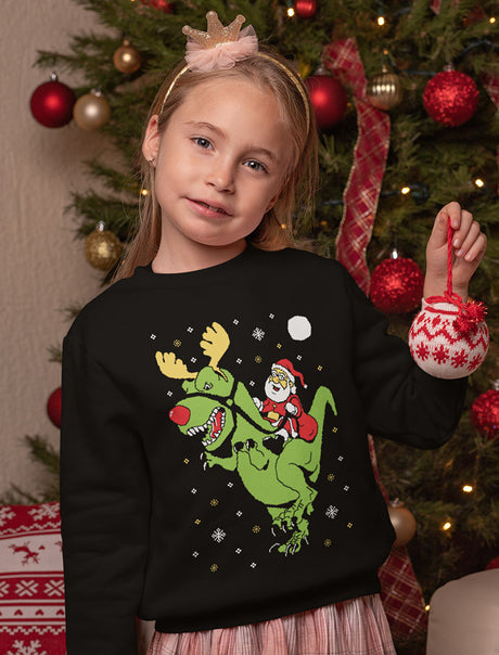 Santa Rides T-Rex Ugly Christmas Kids Sweatshirt - Black 1