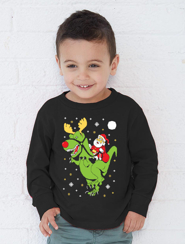 Santa Rides T-Rex Ugly Christmas Kids Sweatshirt 