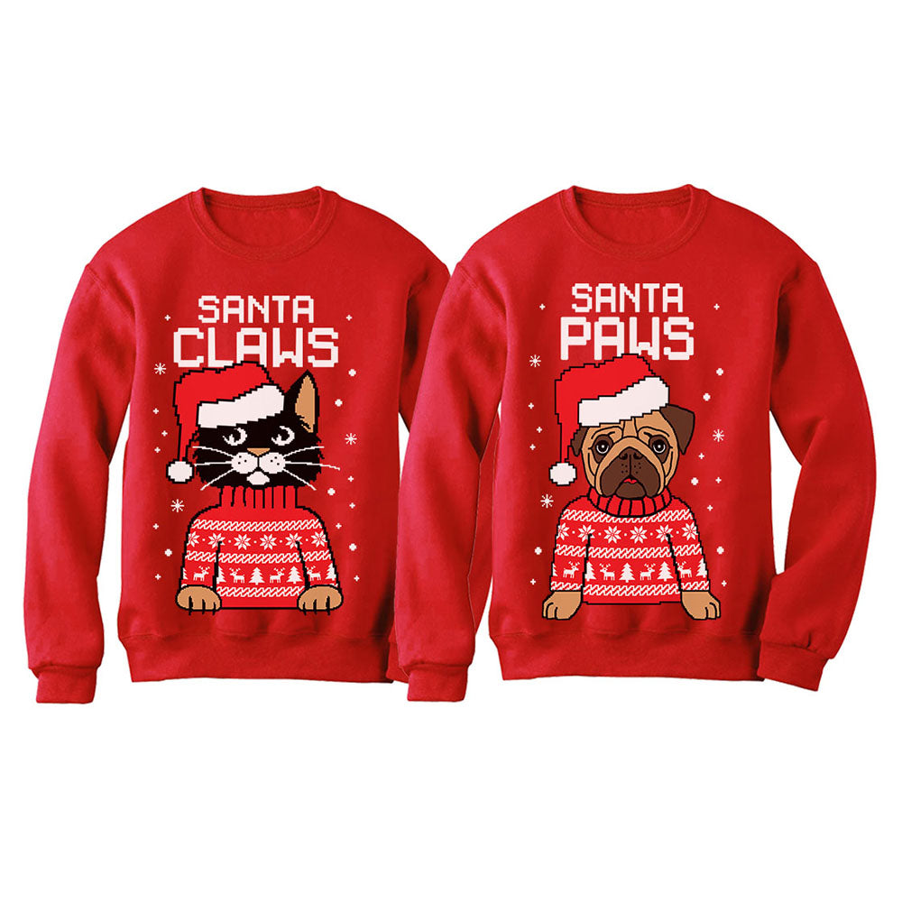 Santa Paws Santa Claws Ugly Christmas Sweatshirt Matching Couple Set - Claws Red / Paws Red 4