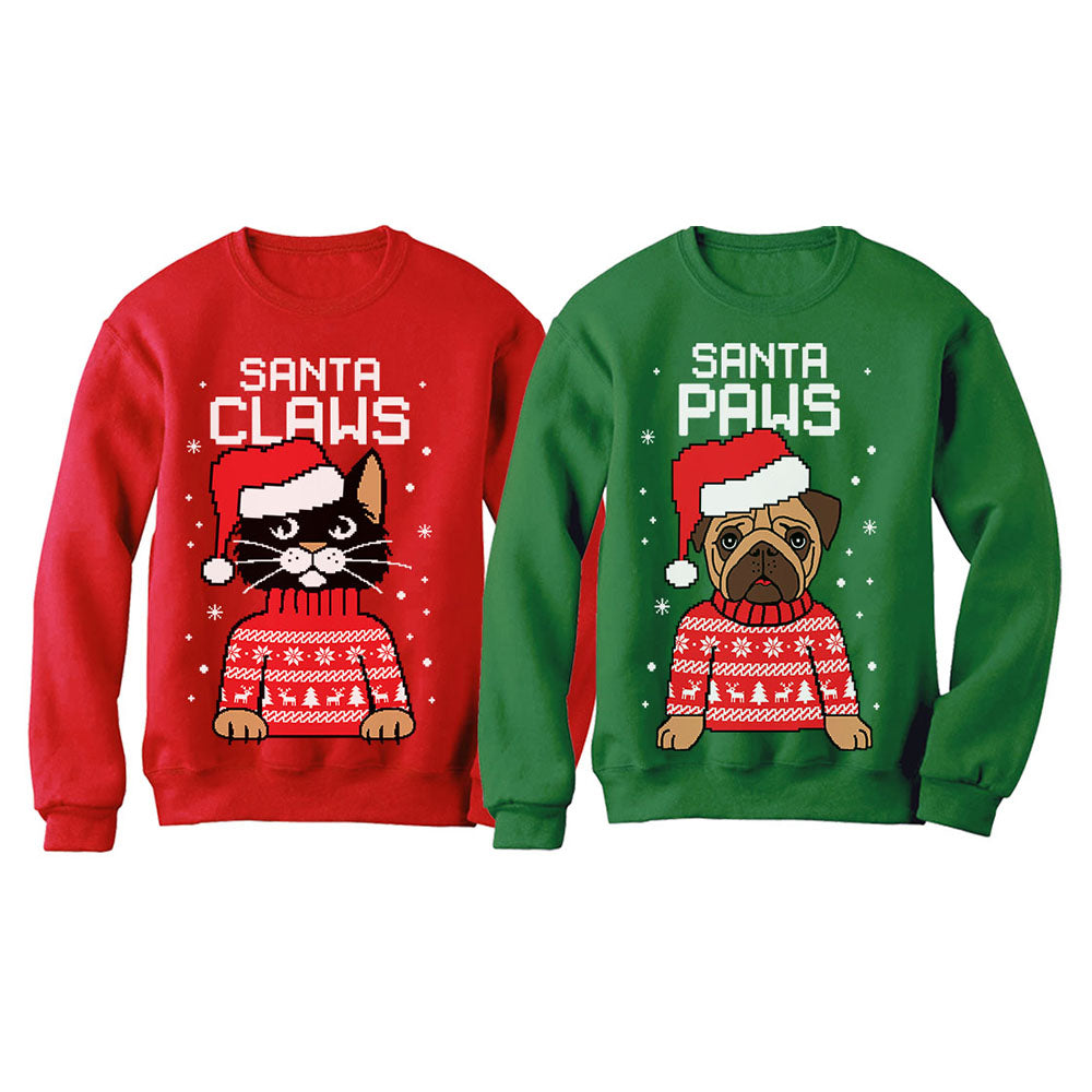 Santa Paws Santa Claws Ugly Christmas Sweatshirt Matching Couple Set 