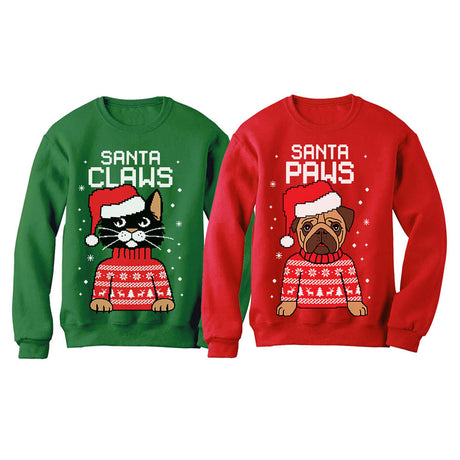 Santa Paws Santa Claws Ugly Christmas Sweatshirt Matching Couple Set - Claws Green / Paws Red 1