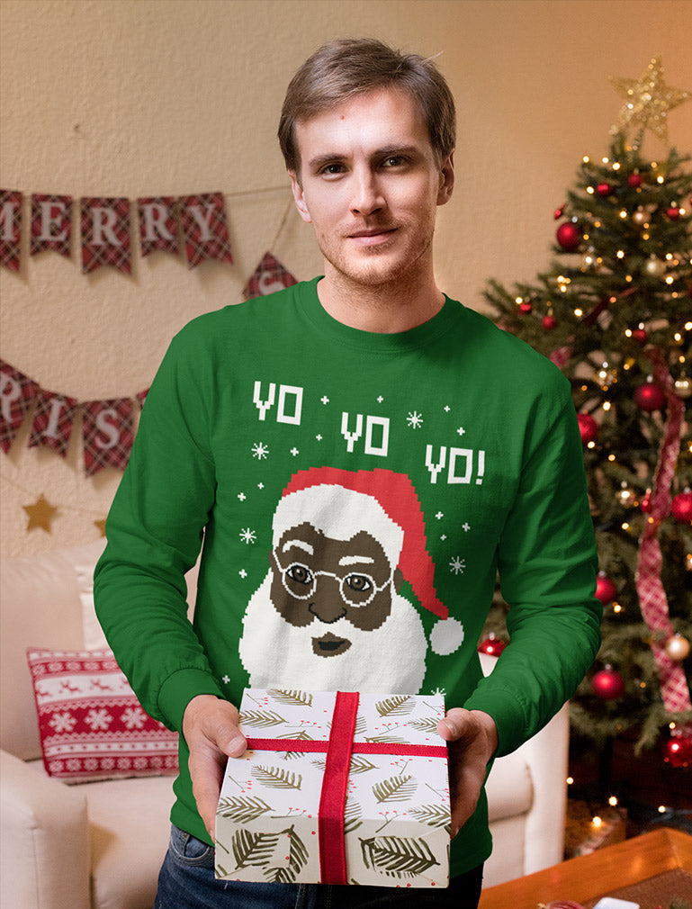 Black Santa Ugly Christmas Sweater Long Sleeve T-Shirt - Black 3