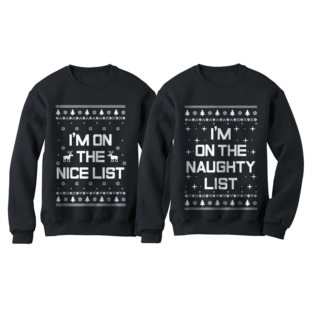 Nice & Naughty List Ugly Christmas Funny Couples Party Sweatshirt Set Holiday - Nice Black / Naughty Black 9