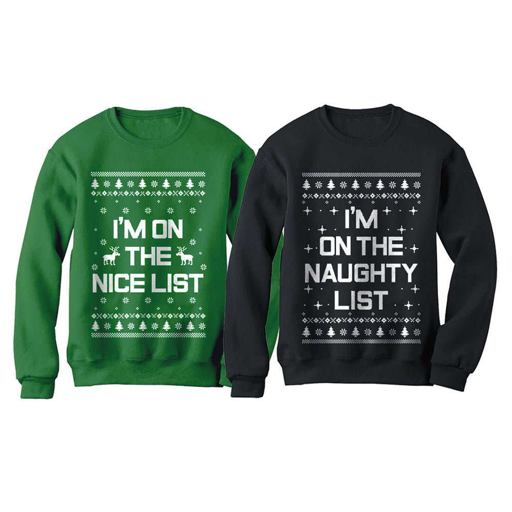 Nice & Naughty List Ugly Christmas Funny Couples Party Sweatshirt Set Holiday - Nice Green / Naughty Black 2