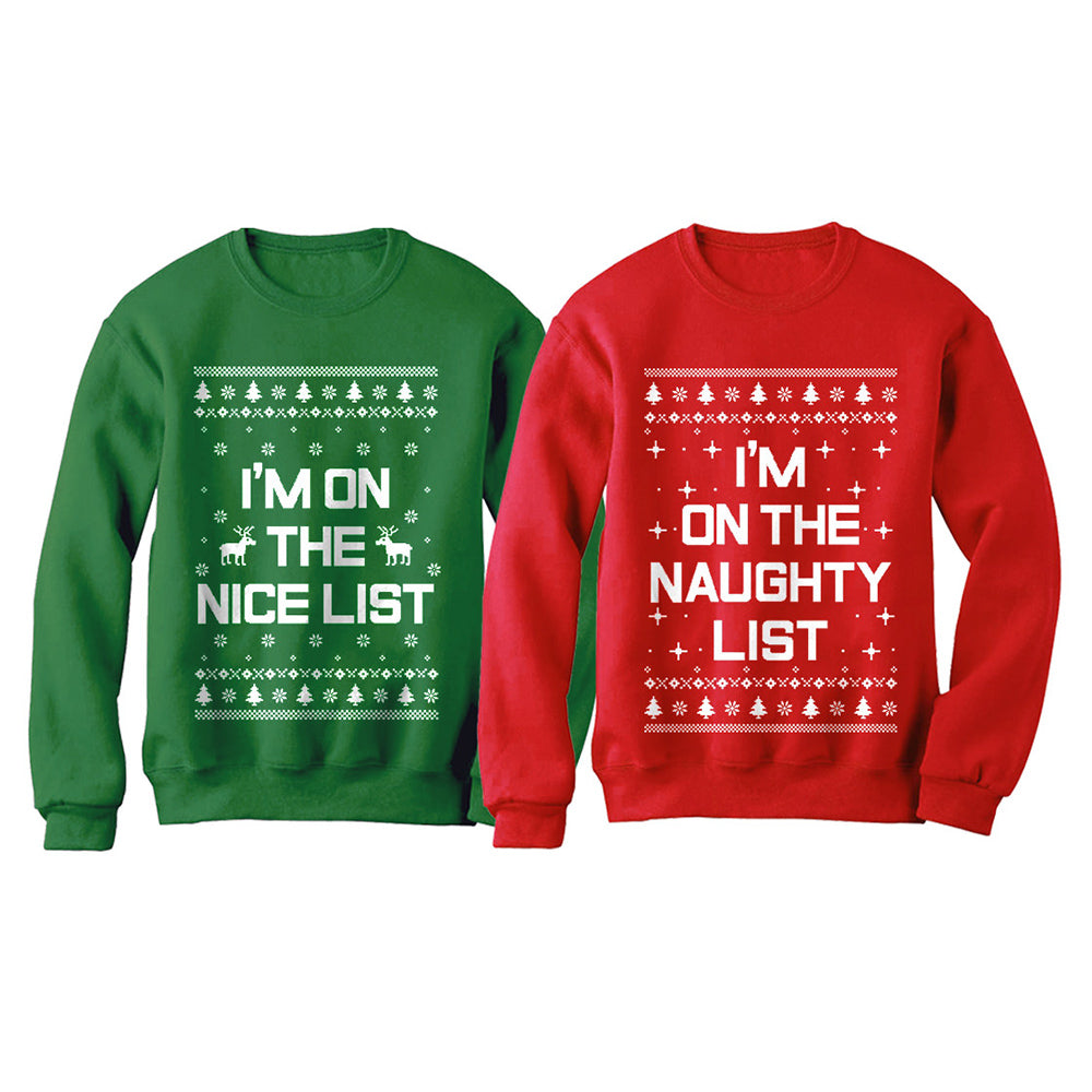 Nice & Naughty List Ugly Christmas Funny Couples Party Sweatshirt Set Holiday - Nice Green / Naughty Red 1