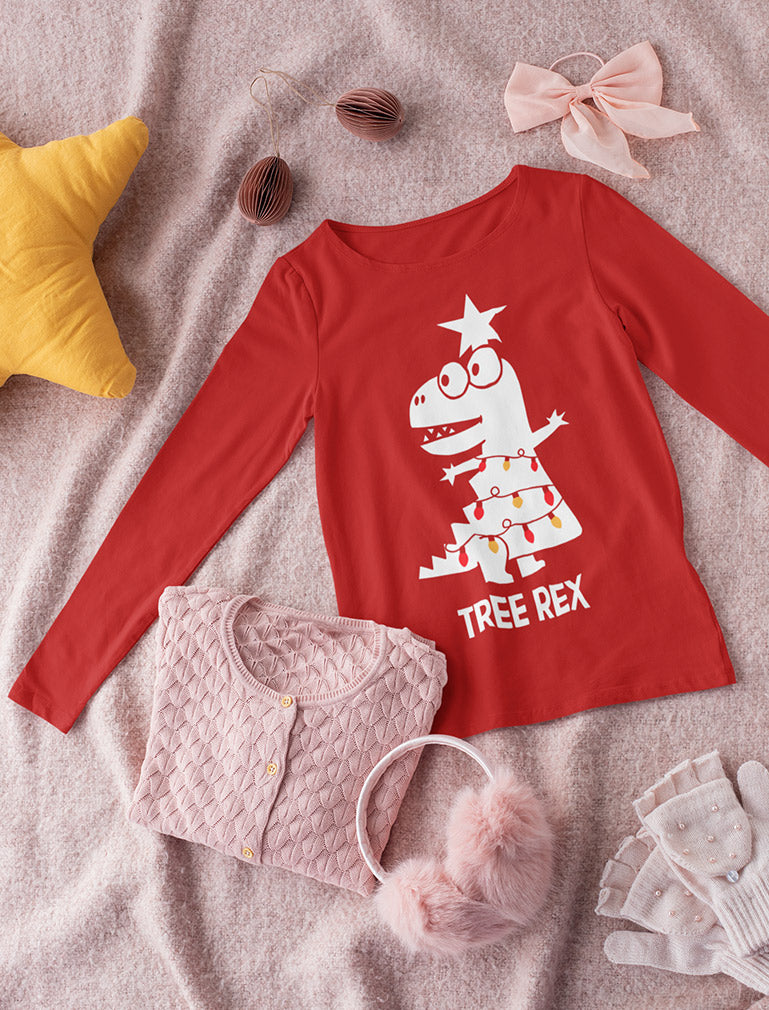 Tree Rex Cute T-Rex Christmas Kids Long Sleeve Shirt 