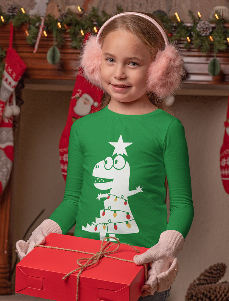 Tree Rex Cute T-Rex Christmas Kids Long Sleeve Shirt - Red 4