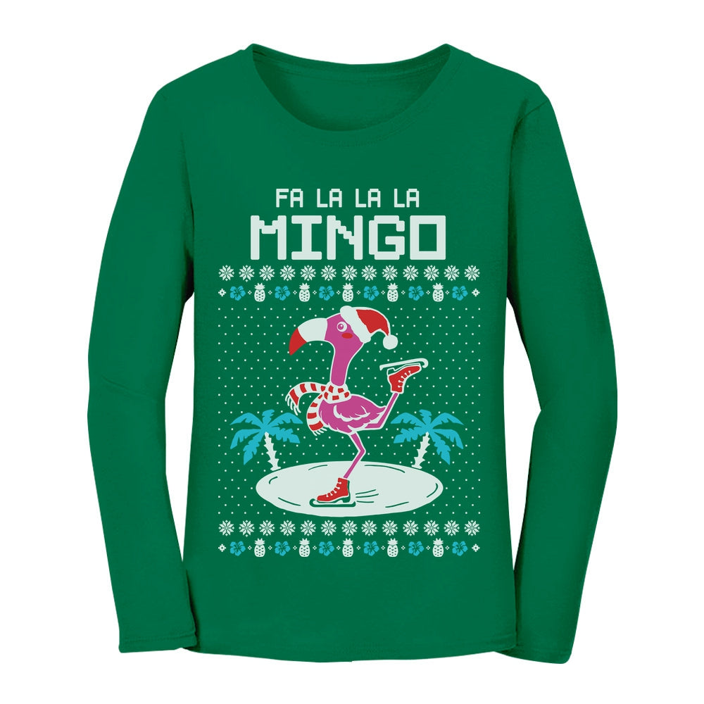 Fa La La Flamingo Ugly Christmas Women Long Sleeve T-Shirt - Green 1