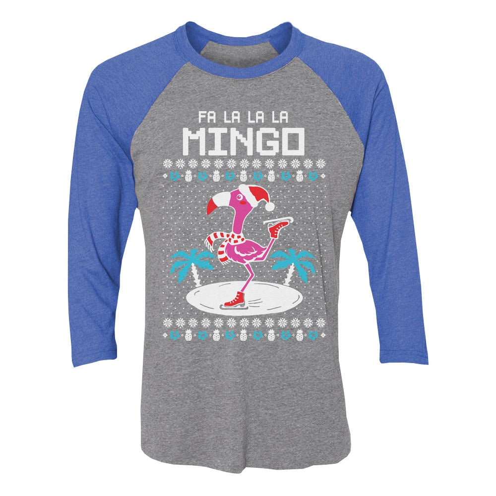 Fa La La Flamingo Ugly Christmas 3/4 Women Sleeve Baseball Jersey Shirt - blue/gray 2