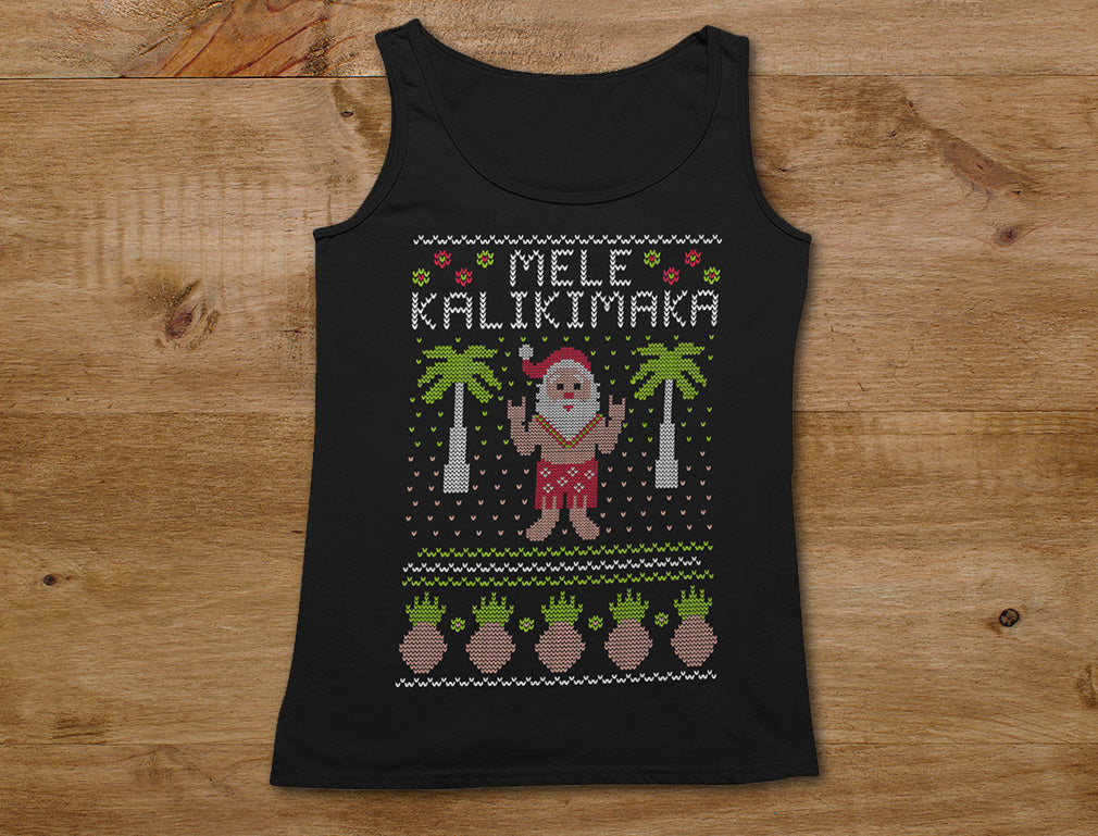 Mele Kalikimaka Santa Hawaiian Ugly Christmas Women Tank Top - Black 3